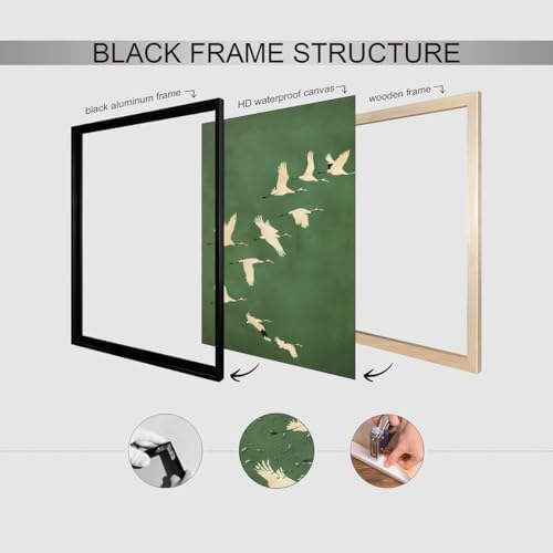 Emerald Green Gold Cranes Wall Art Japanese Bird Poster 24X36 inch Black Framed - Image 3
