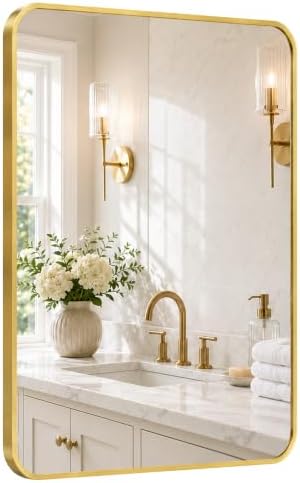 24x36 Inch Brushed Gold Rounded Rectangle Bathroom Vanity Mirror by Pocetry