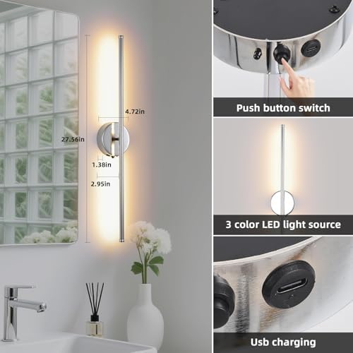 Battery Operated wall Sconce Set of 2, 27.5" Chrome USB Rechargeable LED - Image 3