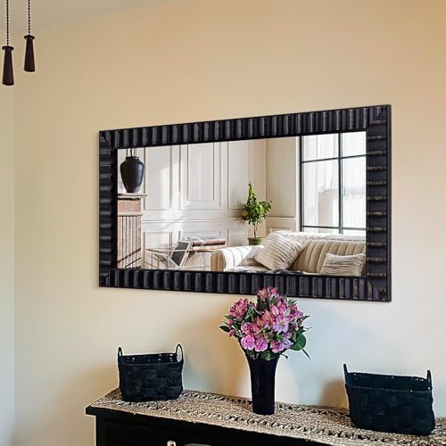 48"x24" Light Vintage Long Black Mirror, Rectangular Relief Frame, Modern Retro by AutdotWallMirrors