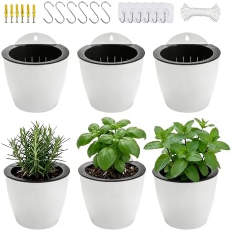 6 Pack White Hanging Planter Pots Self Watering Vertical Garden Wall Mount by OrimercGarden