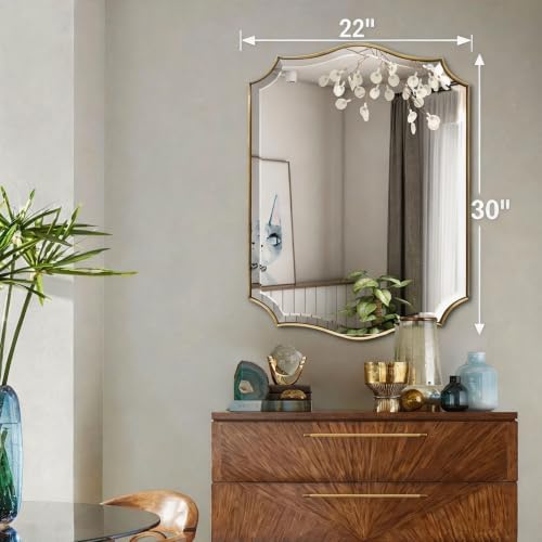 POZINO 30"x22" Premium Brushed Gold Scalloped Beveled Mirror - Image 5