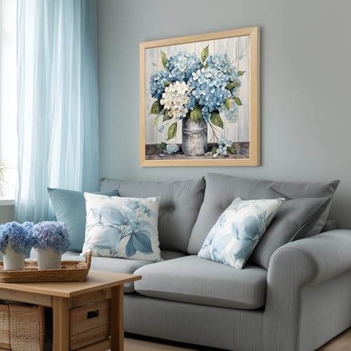 IAFWZX Wood Framed Rustic Blue Hydrangea Wall Art 12x12 in - Image 3