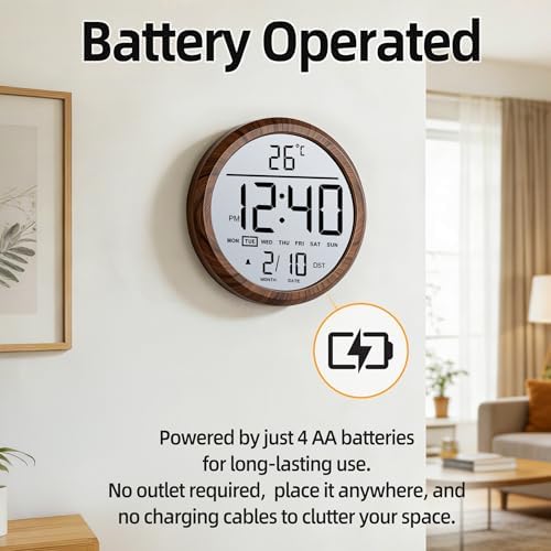 8" Round LCD Digital Wall Clock Battery Operated - Image 4