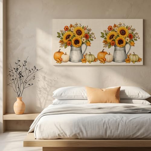 Thanksgiving Fall Large Wall Art Yellow Sunflower Pumpkins Leaf Linen Texture - Image 6