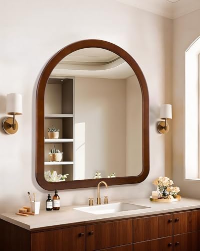 Arched Mirror 30 x 36 Inch, Walnut Brown Wood Rustic Bathroom Wall Mirror - Image 4