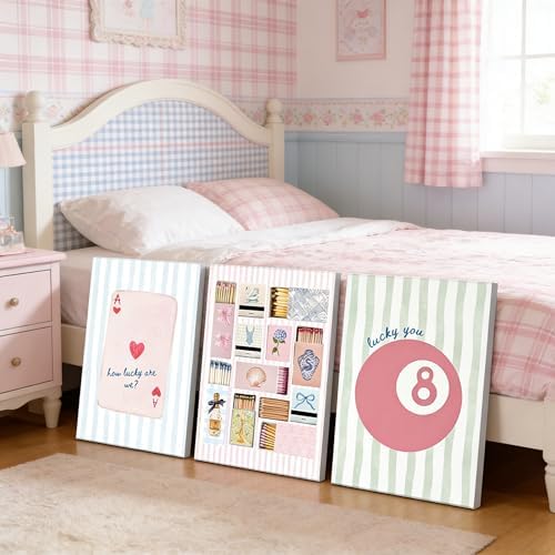 3Pcs Trendy Preppy Canvas Wall Art Pink Blue Matchbox Lucky 8 Ball Pictures - Image 4
