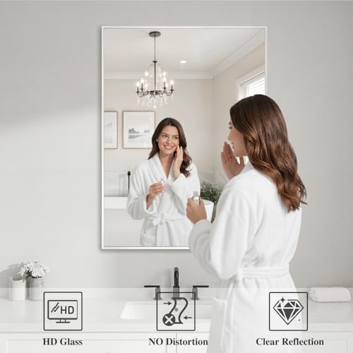 Koonmi White Rectangle Wall Mirror, 26x38 Inch Bathroom Mirror, Aluminum Frame - Image 3