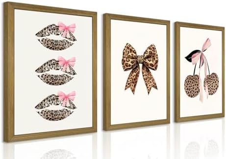 Framed Leopard Print Wall Art Set of 3, Cute Cherry Lips Bow Canvas Posters by Unknown