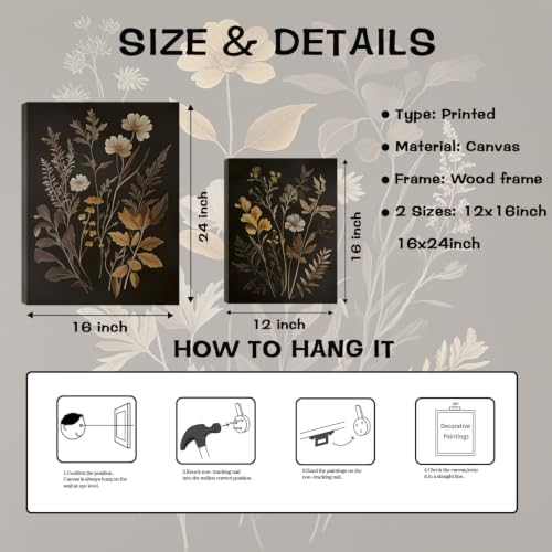 Vintage Dark Gothic Flowers Canvas Wrapped Wall Art Set of 3 24x16in Framed - Image 3