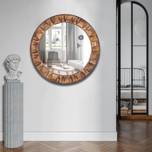 30 Inch Dark Brown Solid Wood Round Wall Mirror - Image 4