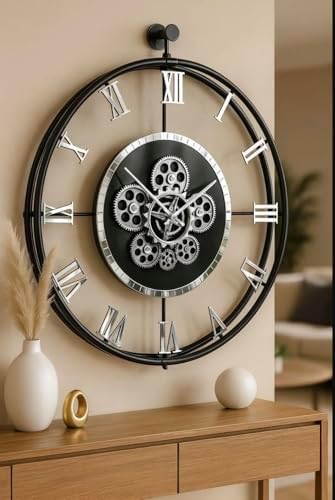 Large Moving Gear Wall Clock – Luxury Metal Ring Roman Numeral Silent by Unknown