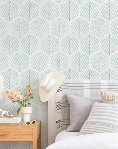 MelunMer Geometric Peel and Stick Wallpaper Boho Green White 17.3''×591'' - Image 2