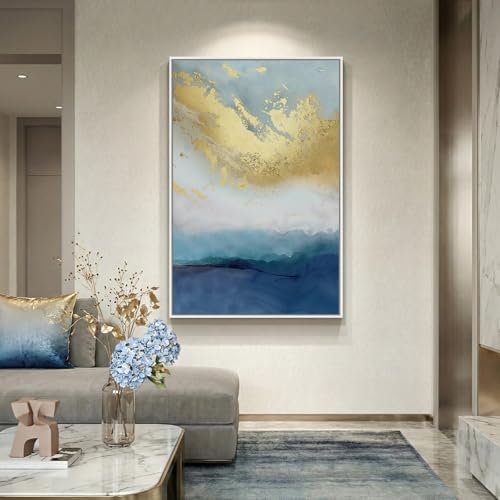 Large Framed Blue Gold Abstract Wall Art, Vertical 1 Piece 32x48 In - Image 4