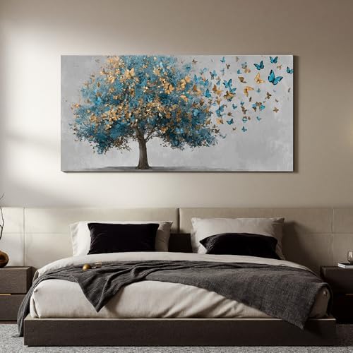 YISXINOAG Blue Gold Tree of Life Wall Art Butterfly Landscape Print 24"X48" - Image 2