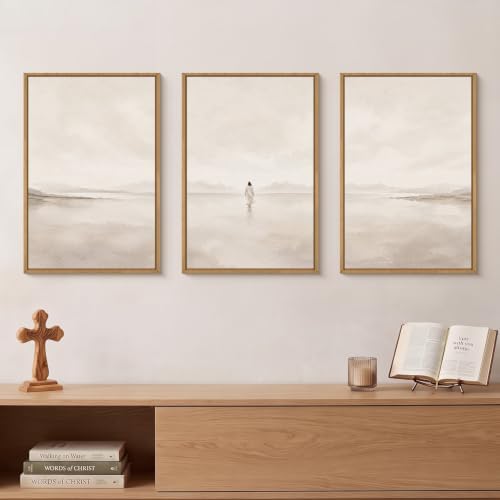 Large Abstract Jesus Christian Framed Canvas Wall Art, Neutral Beige Lake Wall - Image 4