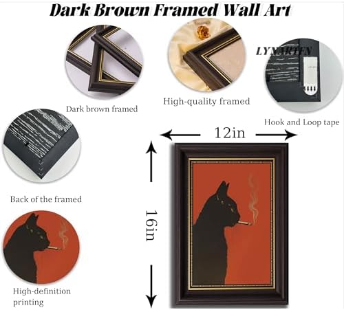Dark Brown Framed-Vintage Smoking Cat Wall Art-Whimsical Animal Canvas Prints - Image 5