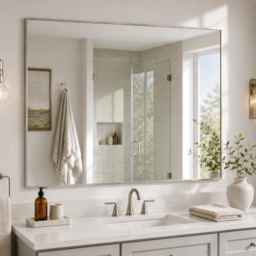 40"x30" Brushed Nickel Framed Rectangle Bathroom Vanity Wall Mirror by Pocetry