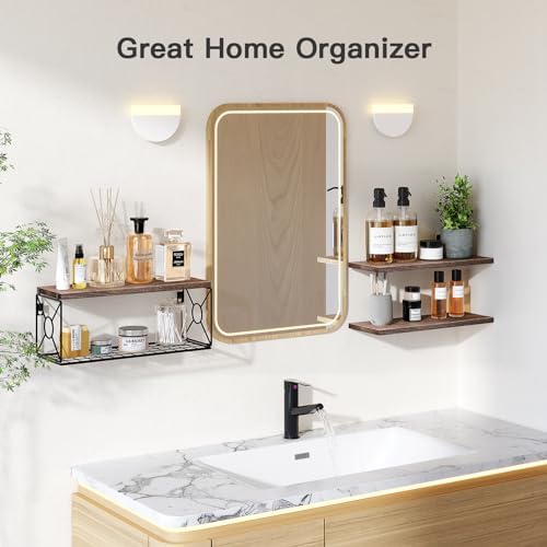 Amada Bathroom Shelves with Storage Basket, Rustic Brown - Image 4