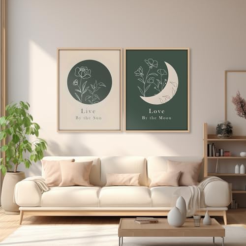 KBCXOY Sage Green Boho Sun and Moon Wall Art Bedroom Moon Phase Prints - Image 2