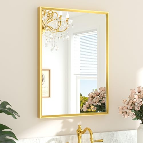 TETOTE Brushed Brass Bathroom Mirror 22" x 30" Brushed Gold Rectangle Beveled by TETOTE