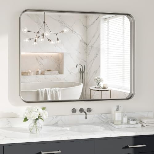 40X30 Inch Silver Metal Framed Bathroom Mirror by MYSUNORIA