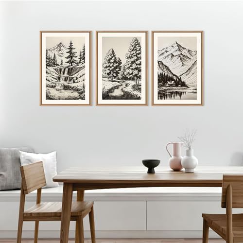 Vintage Sketch Pine Tree Mountain Framed Canvas Wall Art Set- 24"x36"x3 - Image 4