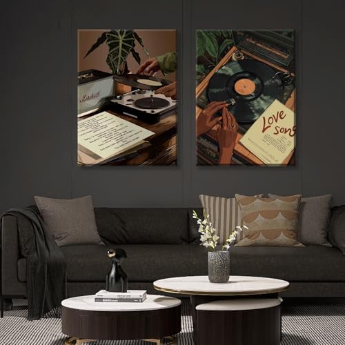 Framed 2pcs Black Woman Music Print Wall Art Retro Vinyl Record Canvas Posters - Image 2