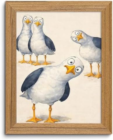 Framed Funny Seagull Wall Art Cute Bird Canvas Print Coastal Decor by ZMDDYSWallArt