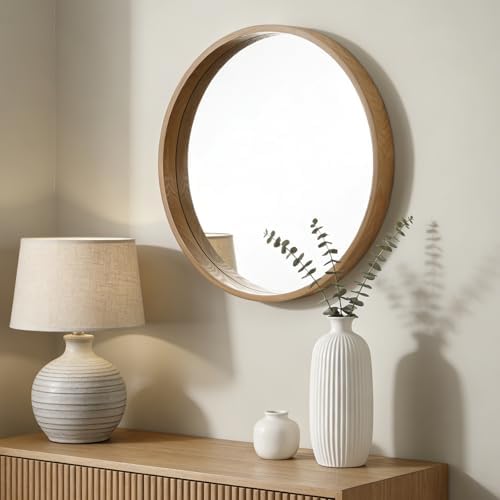 WallBeyond 24 Inch Natural Round Wood Mirror, Circle Wooden Frame Wall Mirror - Image 3