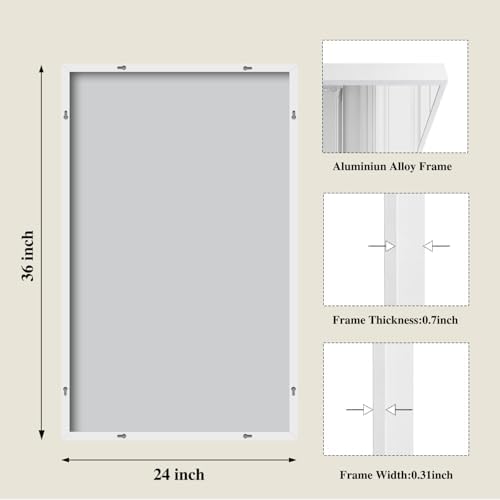 Koonmi White Rectangle Wall Mirror, 24x36 Inch Bathroom Mirror, Aluminum Frame - Image 2
