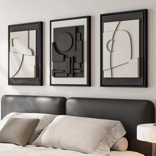 3D Textured Framed Black and White Abstract Wall Art Set of 3, 16x24 In by Cuspin