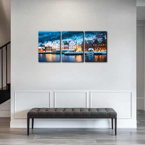 Pacimo 3 Piece Norway Cityscape Canvas Wall Art, Bruges Night View Print - Image 2