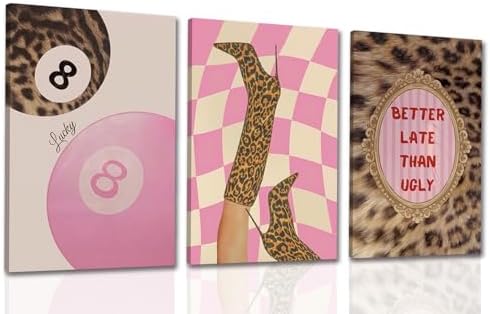 Framed Pink Leopard Print Wall Art Set of 3, Trendy Fashion Lucky 8 Ball Canvas by Unknown