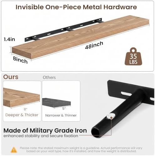 Acovy 48x8in Floating Shelves 2 Pack, Wall Mount Display Shelf, Light Brown - Image 3