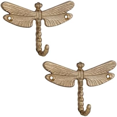 SOFFEE DESIGN 2PCS Metal Golden Dragonfly Wall Hooks, Rustic Bathroom Kitchen by SOFFEEDESIGN