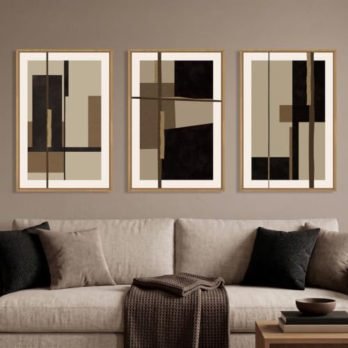 Abstract Black Brown Shapes Framed Canvas Wall Art Set-16"x24"x3 by Celestdeco