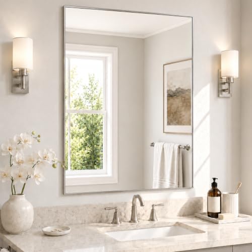 30"x36" Brushed Nickel Framed Rectangle Bathroom Vanity Wall Mirror by Pocetry