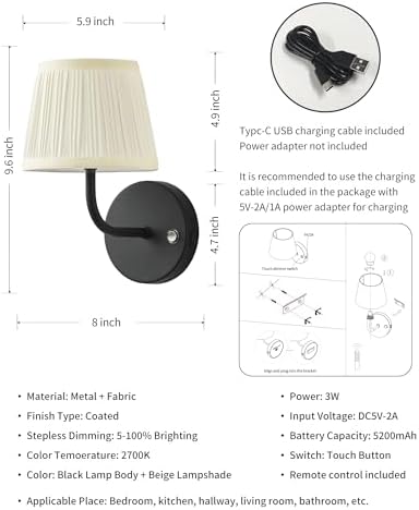 PUSU Cordless Black H9.6 inch Small Wall Sconces Set of 2, LED Wall Lamp - Image 5