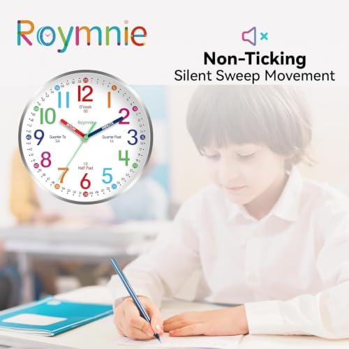 Roymnie Wall Clock for Kids Learning Battery Operated Teaching Silent 8" - Image 3
