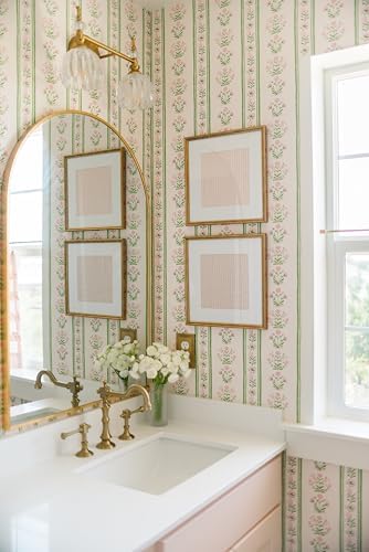 RollsRolla Green Stripe Peel and Stick Wallpaper Featuring Pink Floral by RollsRolla