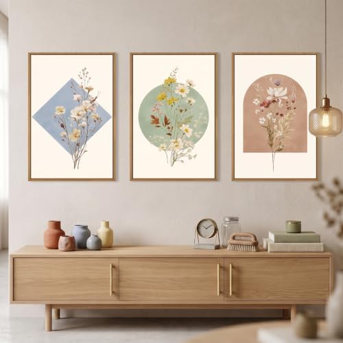 Boho Neutral Wildflower Framed Canvas Wall Art Set-24"x36"x3 - Image 2