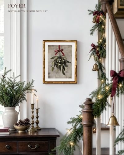 InSimSea Gold Bamboo Framed Christmas Wall Art, Retro Mistletoe - Image 2