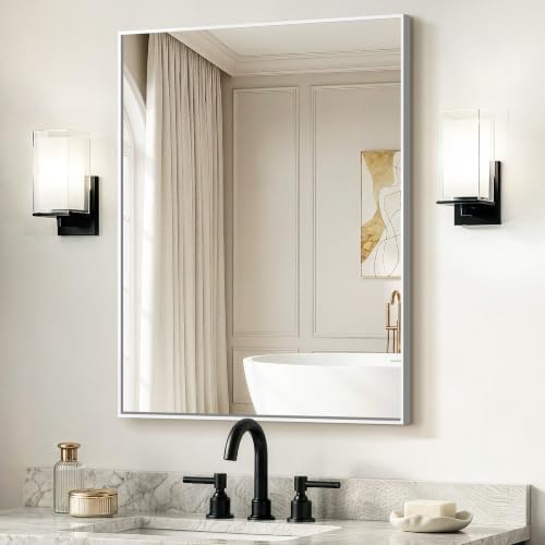 Delma Bathroom Vanity Mirror, 30x24 Silver Metal Framed Mirror by Delma