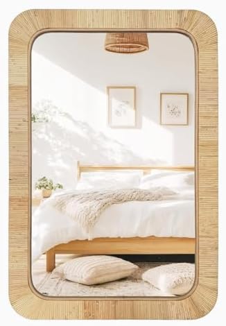 Rattan Rectangular Mirror 24x36, Boho Decorative Wall Mirror by inoseen