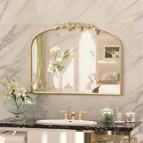 Besdomus Antique Arched Gold Mirror: 32"x24" Vintage Bow Wall Vanity Mirror by Besdomus