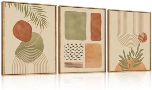 Boho Sage Green Framed Canvas Wall Art, Abstract Geometric Beige Wall Decor - Image 6