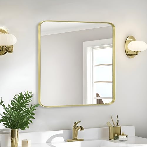 Gold Bathroom Mirror 30x30in, Metal Framed Rounded Rectangle Wall by Minuover