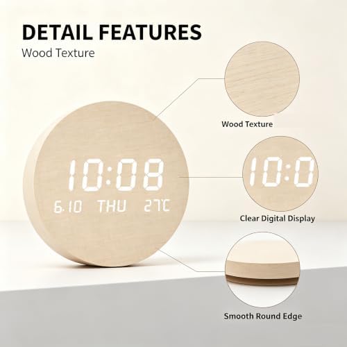 Wooden Silent Non-Ticking Wall Clock, Wood Moon Cordless Aesthetic Modern Alarm - Image 4