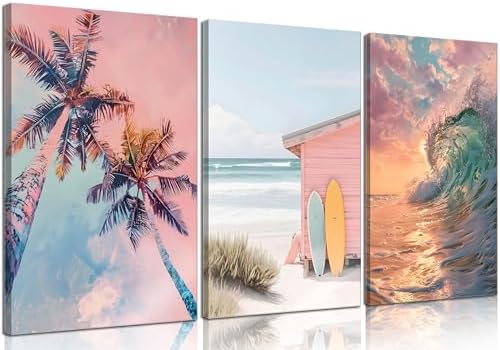 3Pcs Coastal Beach Wrapped Canvas Wall Art, Preppy Tropical Summer Decor by SetrisWallArt